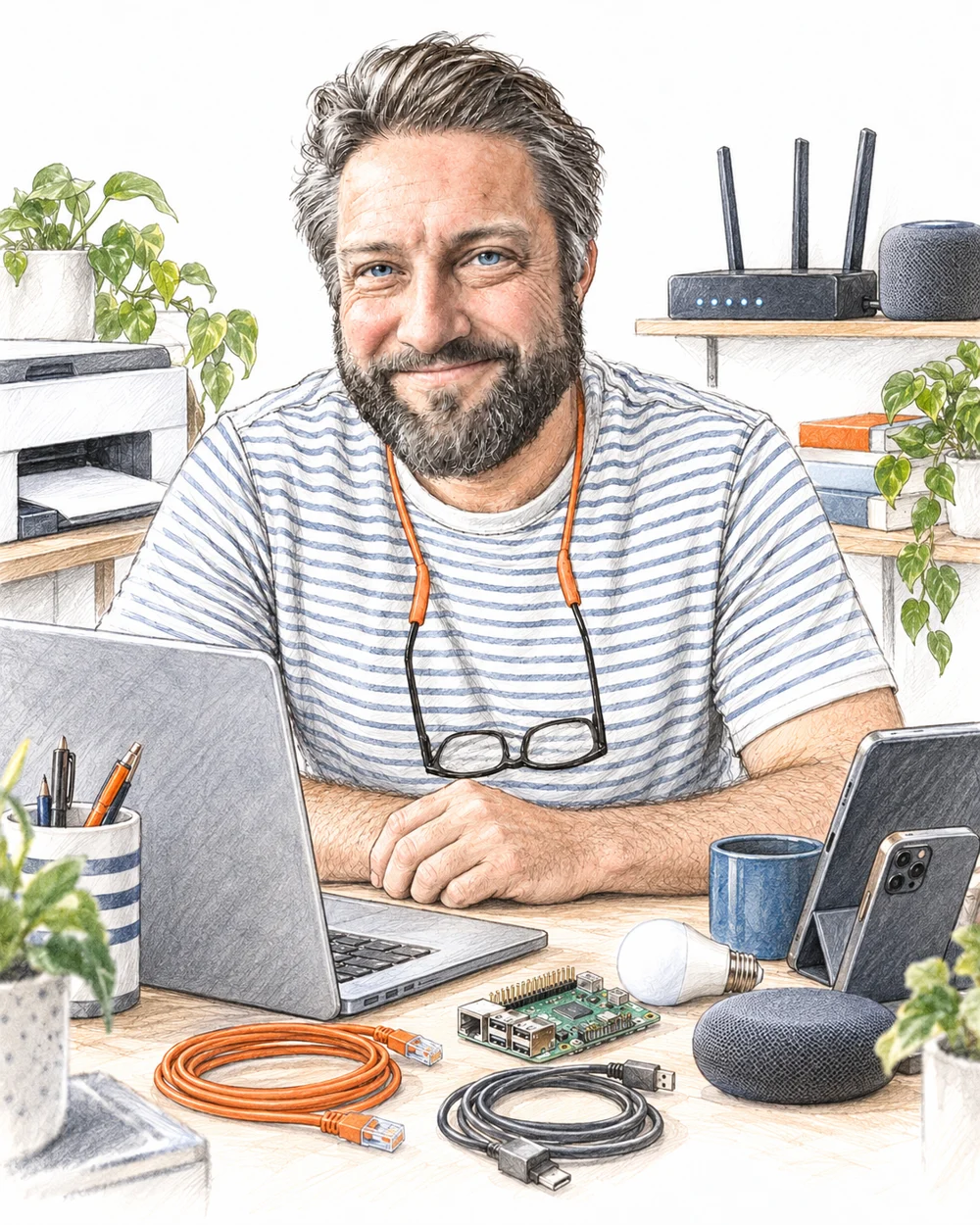 Illustration of Pete at his desk with a laptop, router, phone and cables
